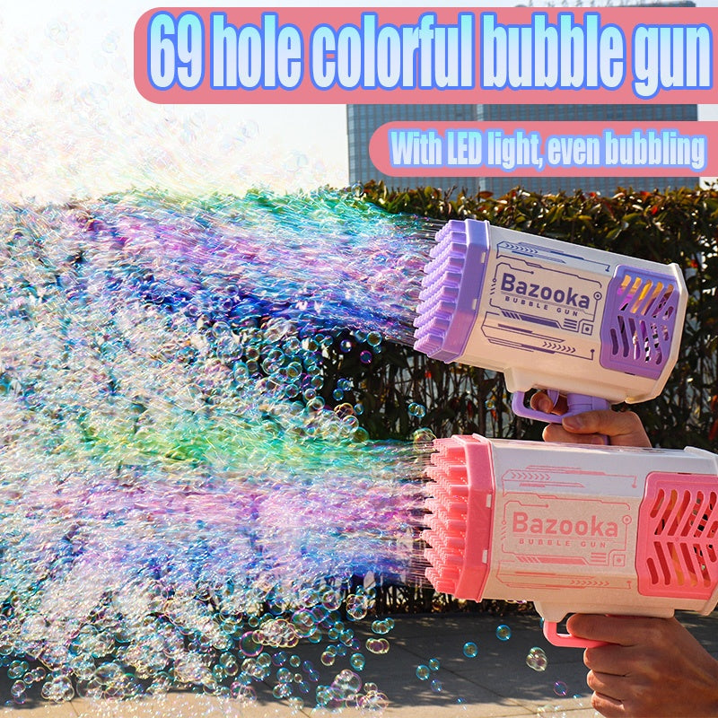 Bubble Gun Rocket 69 Holes Soap Bubbles Machine Gun Shape Automatic Blower With Light Toys For Kids