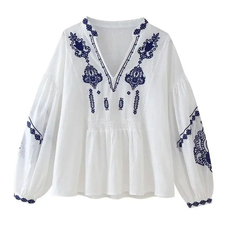 European And American V-neck Embroidery Long-sleeved Top